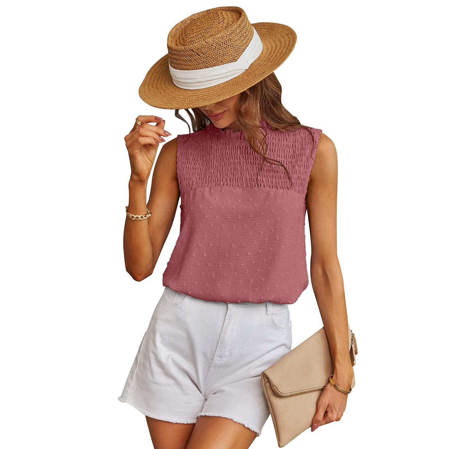 Shirred Front Ruffle Neck Blouse