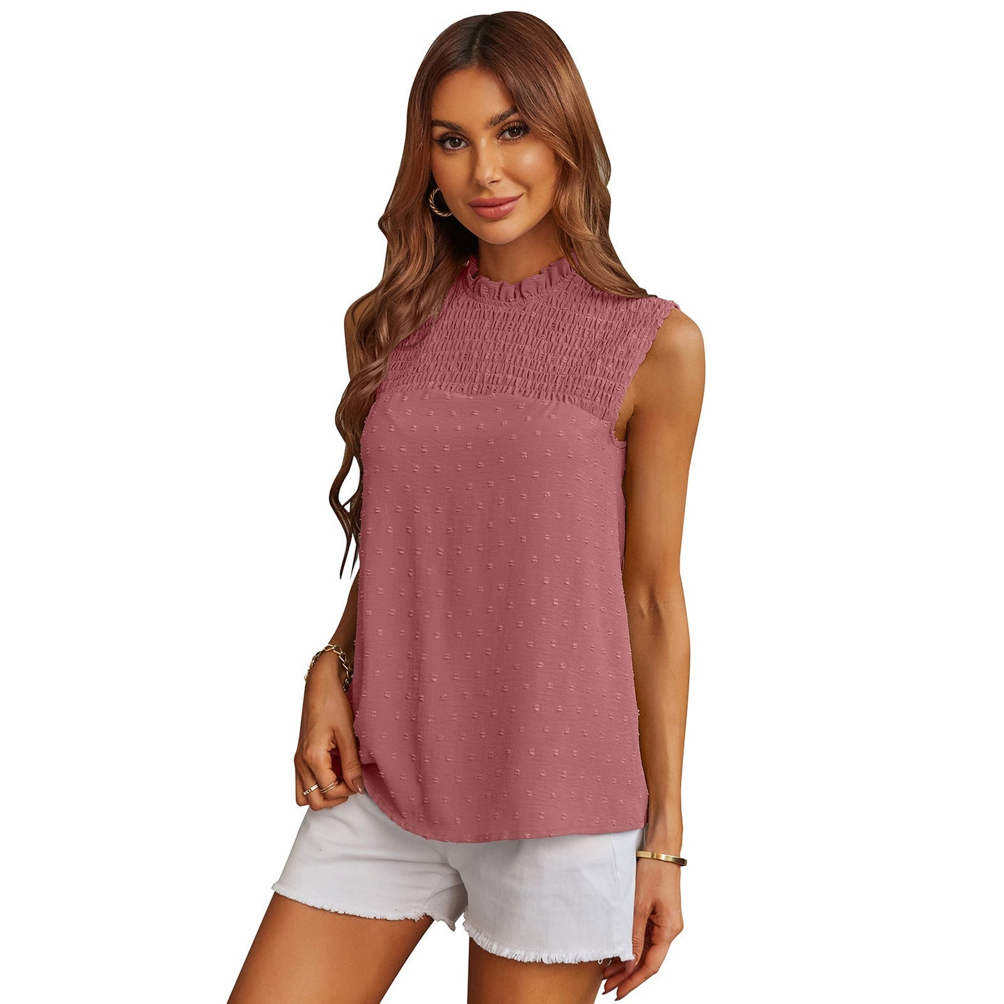 Shirred Front Ruffle Neck Blouse