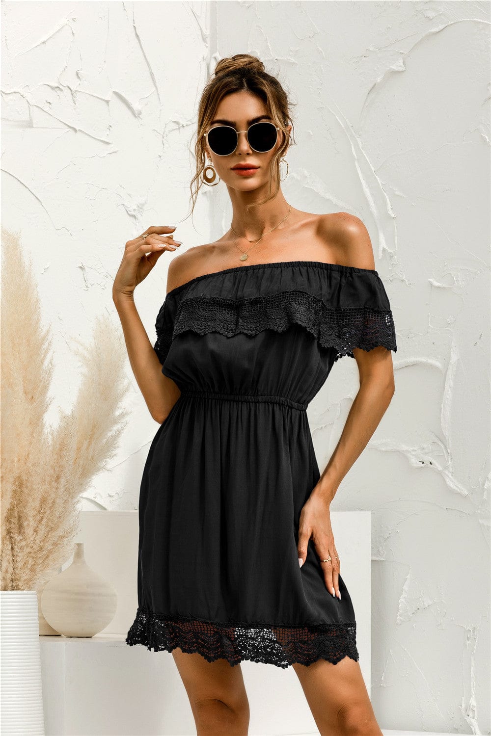 Solid Lace Trim Summer Dress