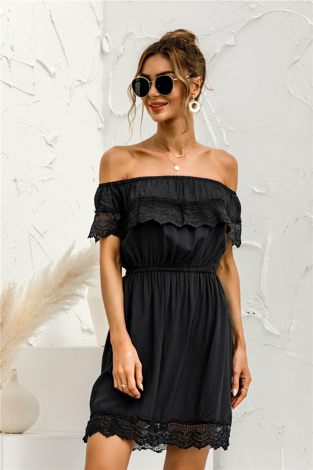 Solid Lace Trim Summer Dress