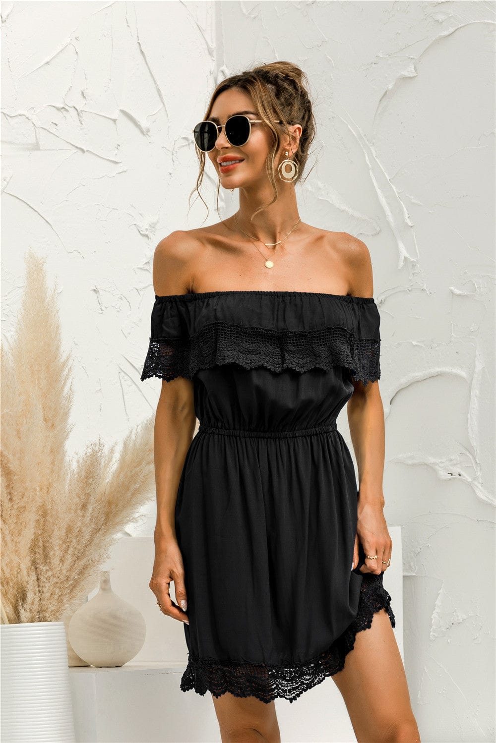 Solid Lace Trim Summer Dress