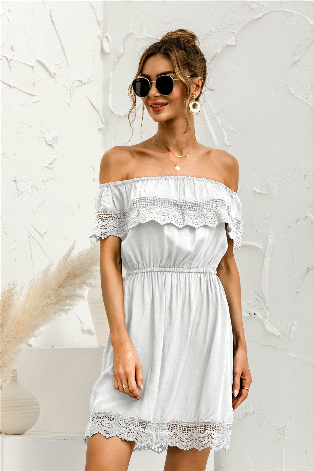 Solid Lace Trim Summer Dress