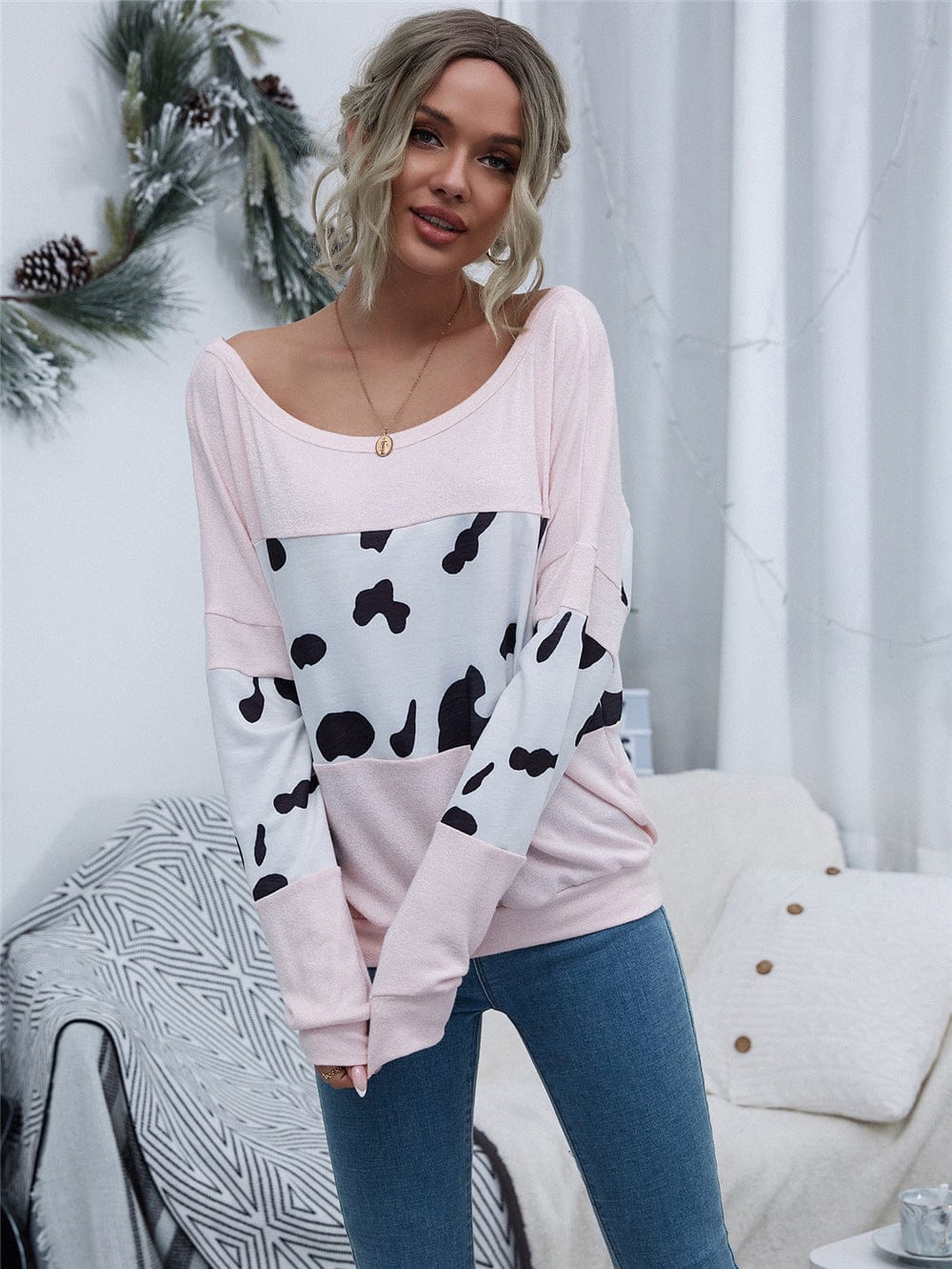 Color Block Cow Print Sweater