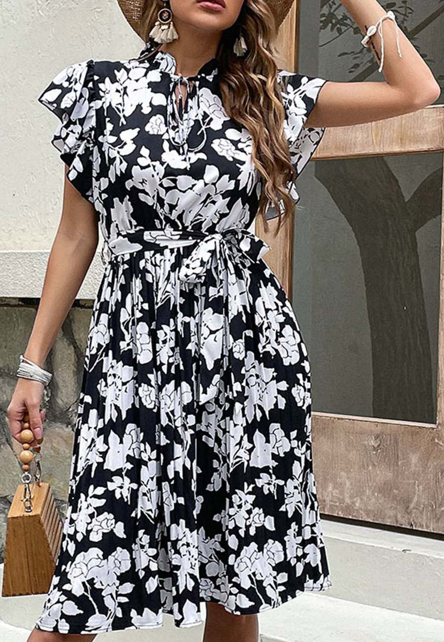 Tie Neck Ruffle Sleeve Dress