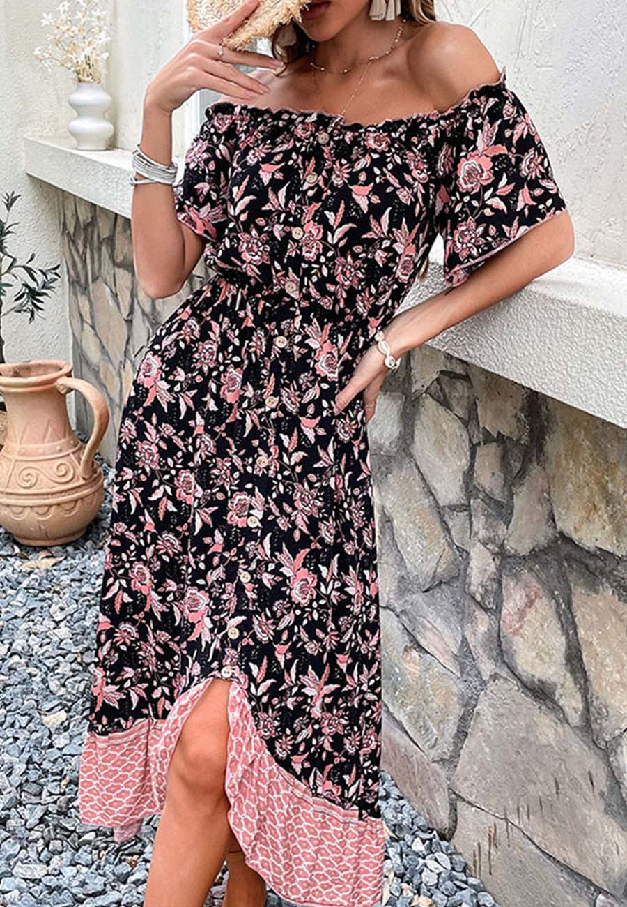 Contrast Print Ruffle Hem Dress