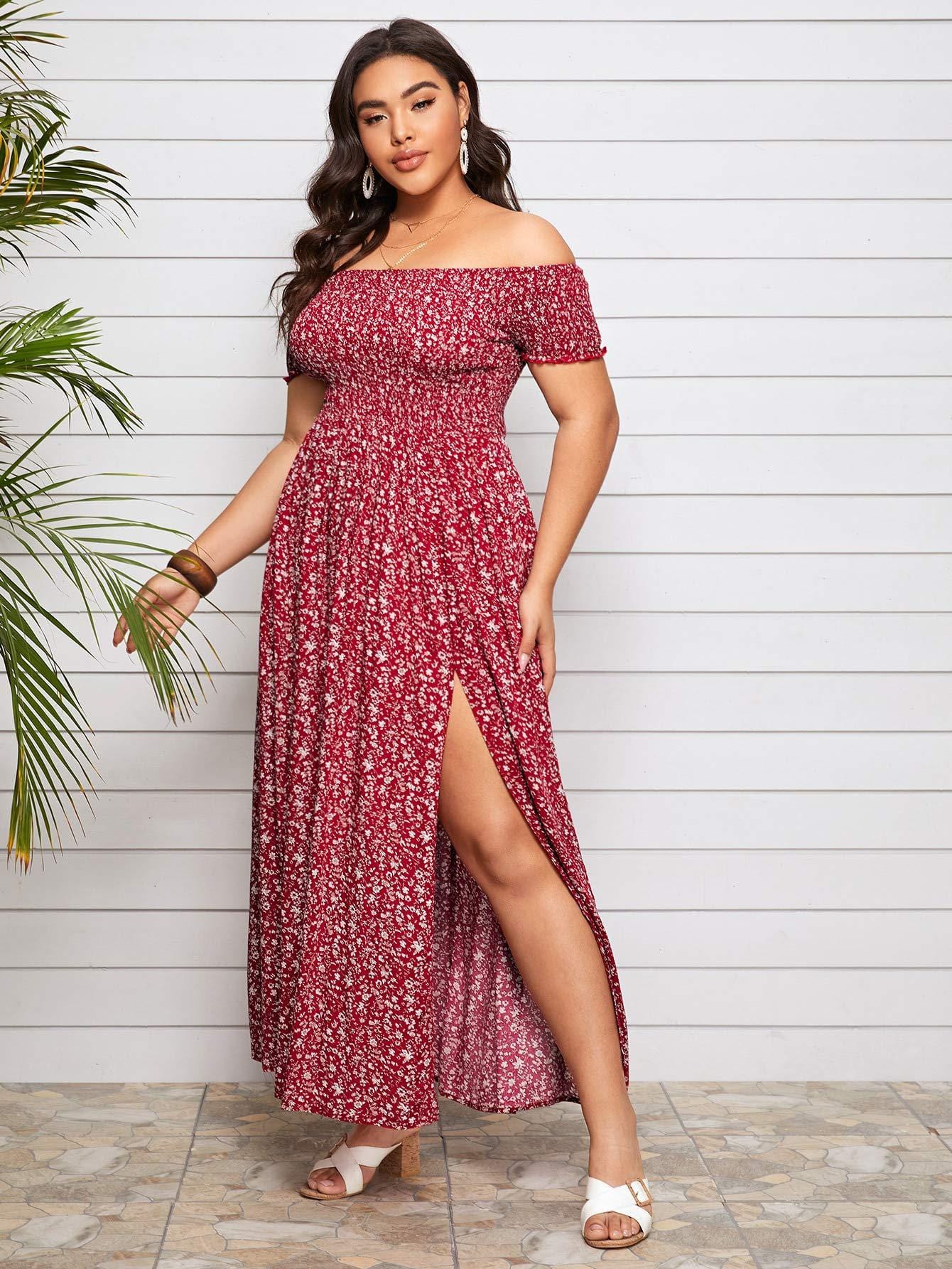 Plus Size Off Shoulder Floral Maxi Dress