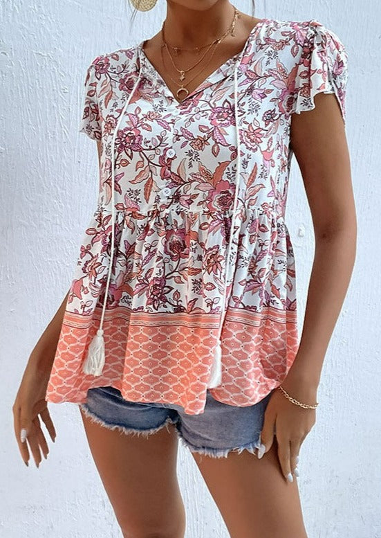 Tie Neck Peplum Boho Blouse