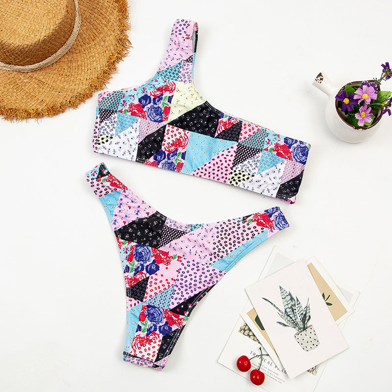 Floral Multicolored One Shoulder Bikini Set