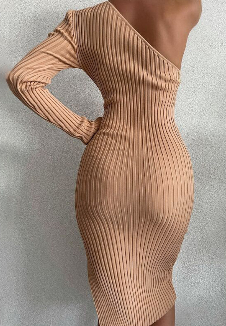 Ribbed One Shoulder Leg Slit Midi Dress