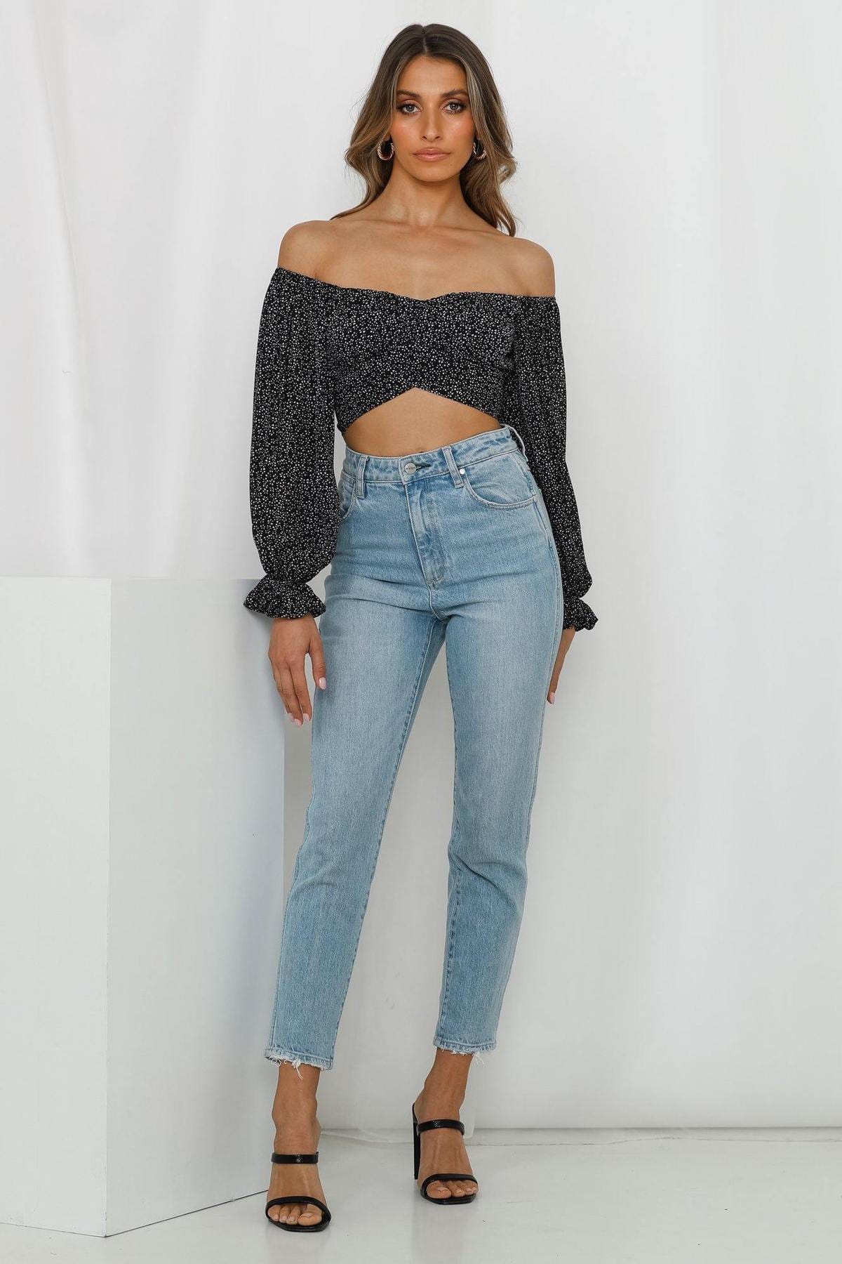 Square Neck Puff Long Sleeve Bow Tying Crop Top