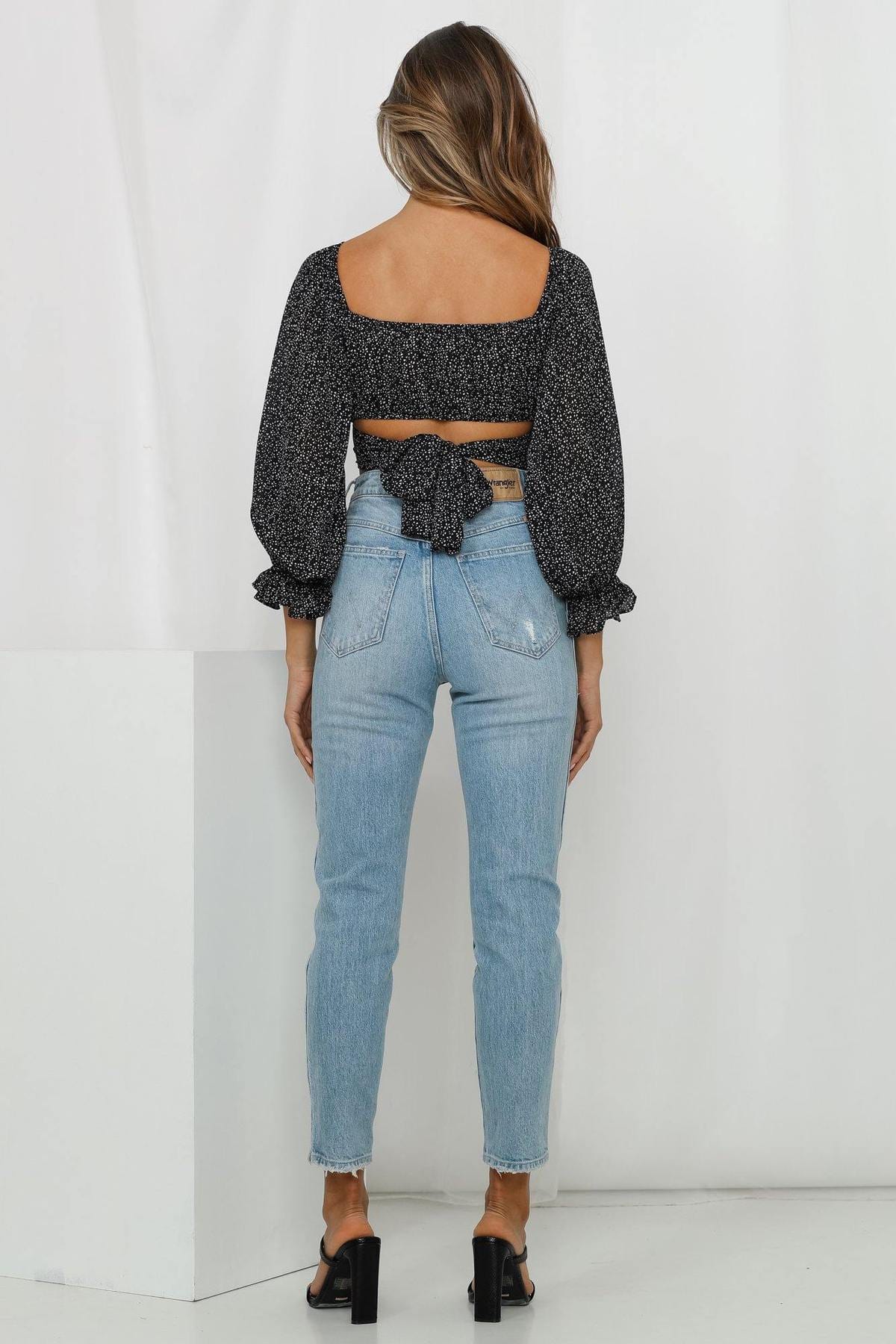 Square Neck Puff Long Sleeve Bow Tying Crop Top