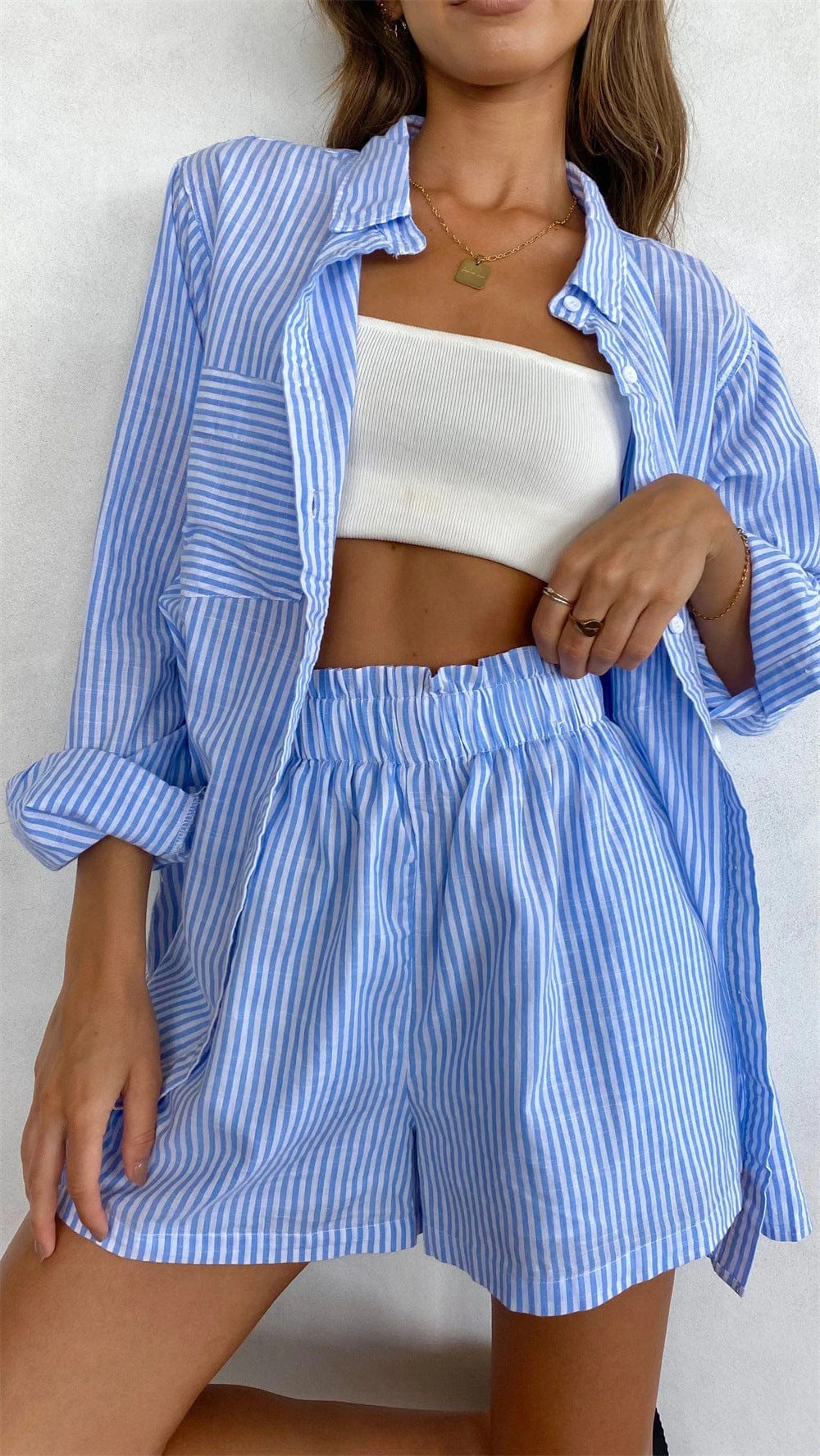 Striped Long Sleeve Button Down Shirt & Short Set