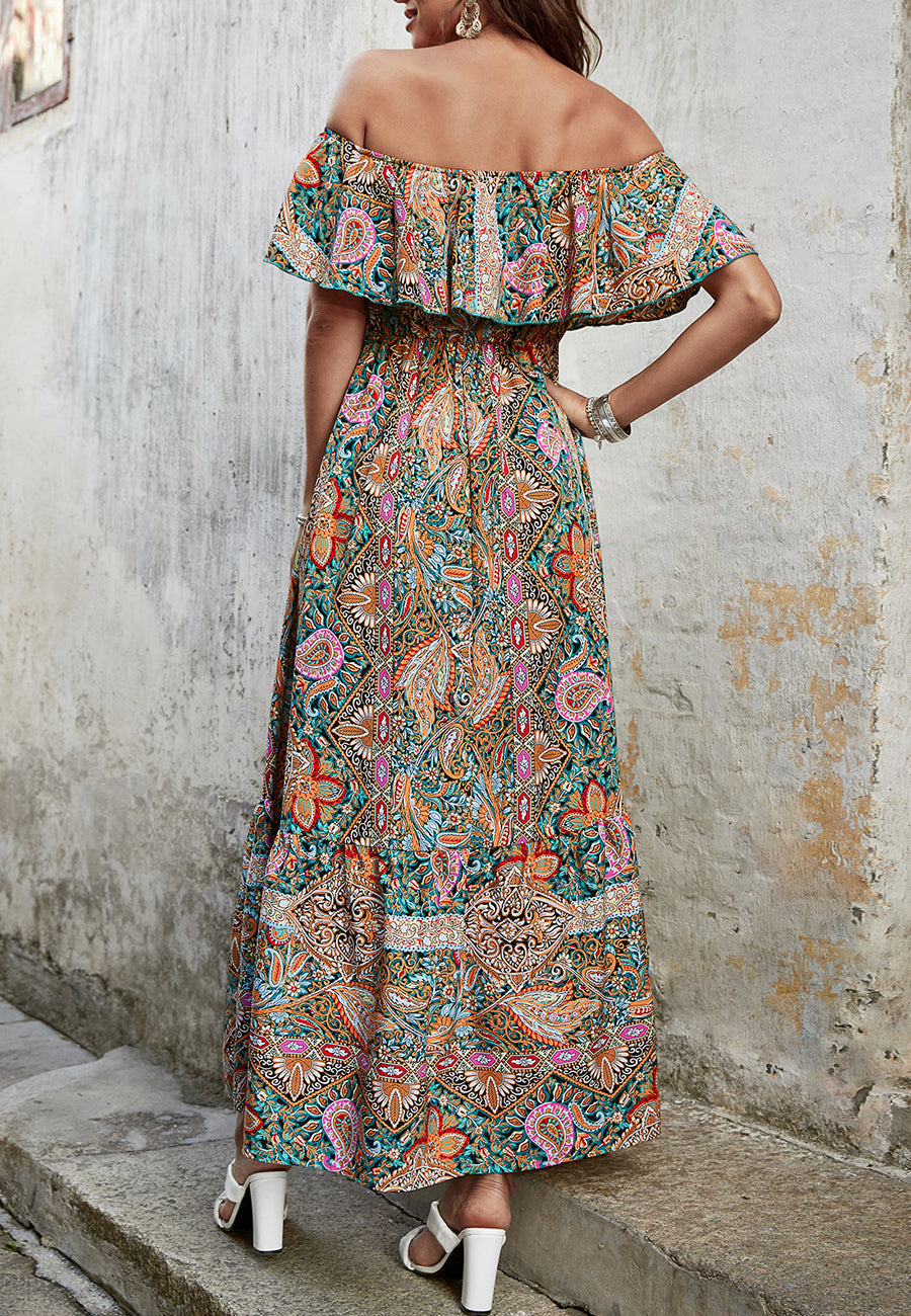 Off Shoulder Paisley Print Dress