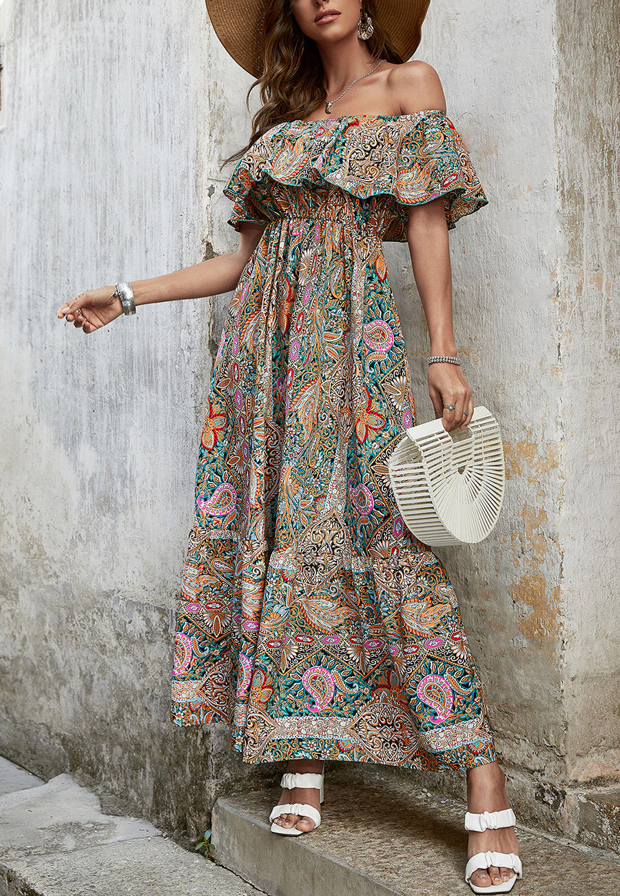 Off Shoulder Paisley Print Dress