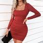 Square Neck Ruched Bodycon Dress