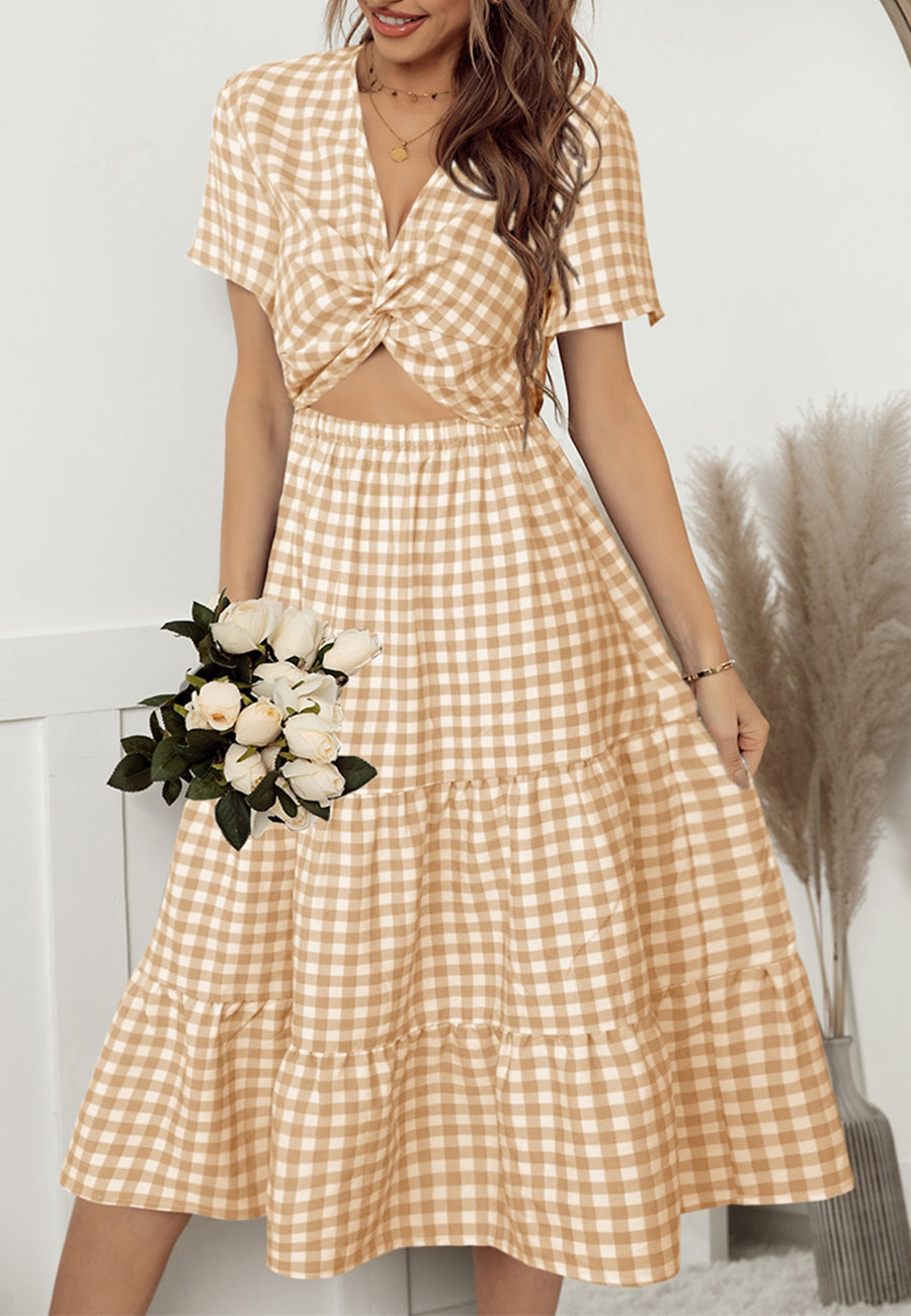 Gingham Print Twist Front Dress