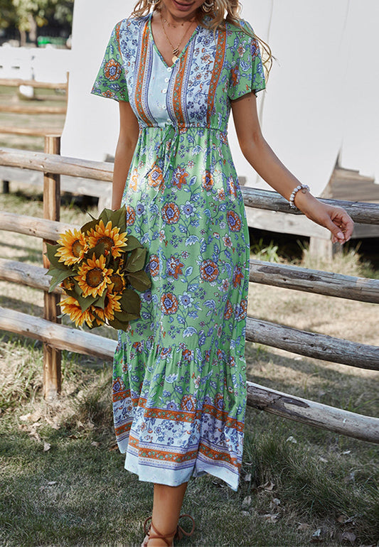 Button Detail Floral Boho Dress