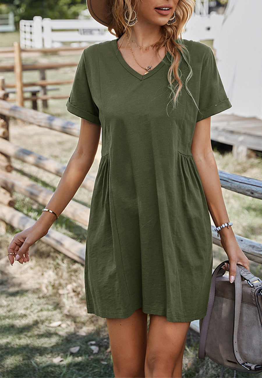 V Neck Pleated Detail Dress