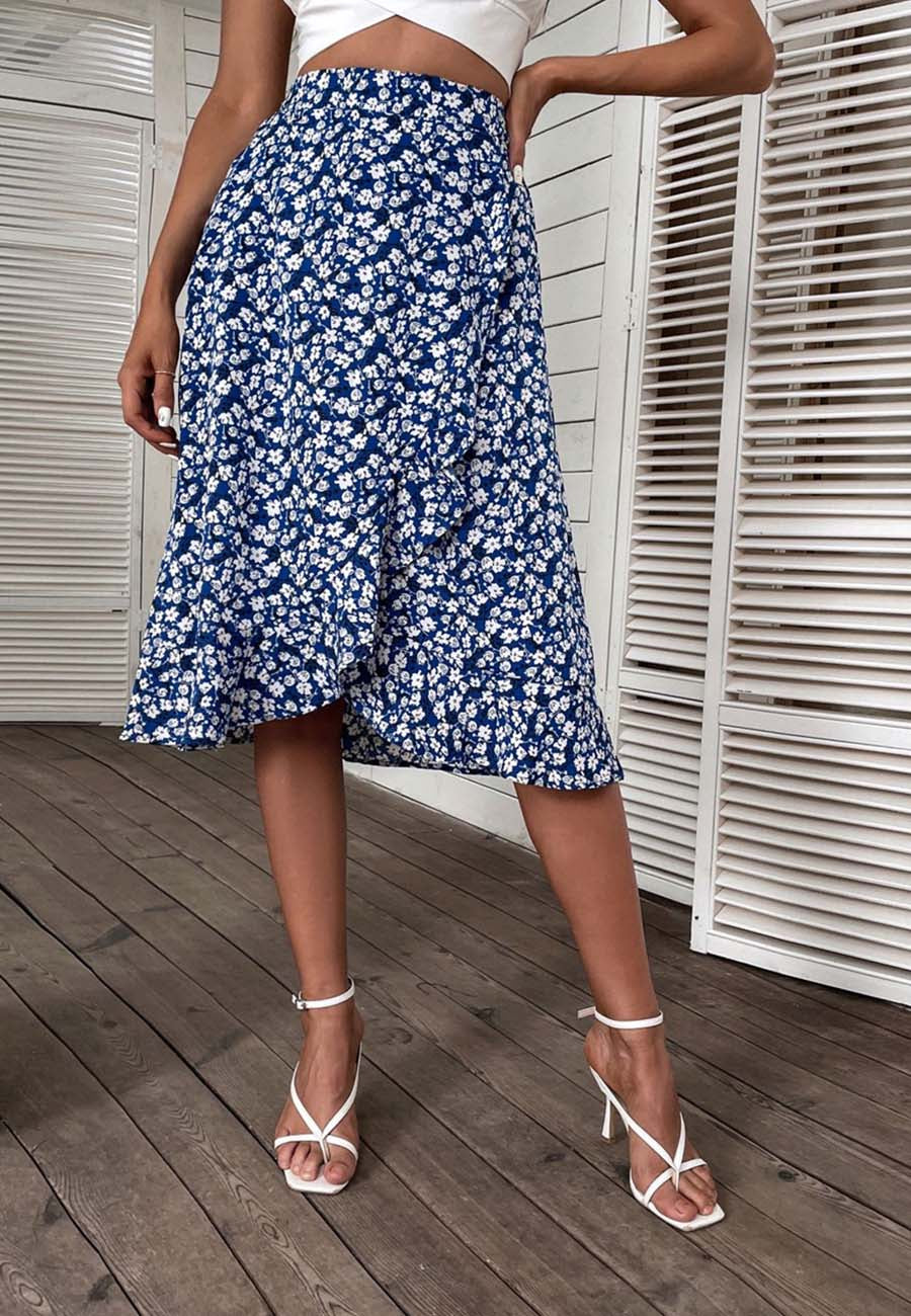 Floral Print Overlap Ruffle Skirt