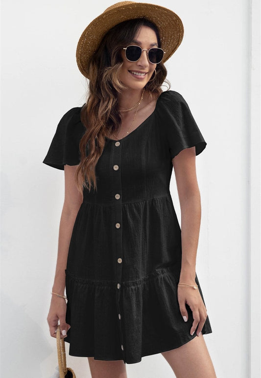 Solid Button Down Tiered Dress