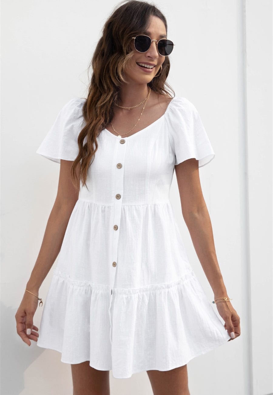 Solid Button Down Tiered Dress
