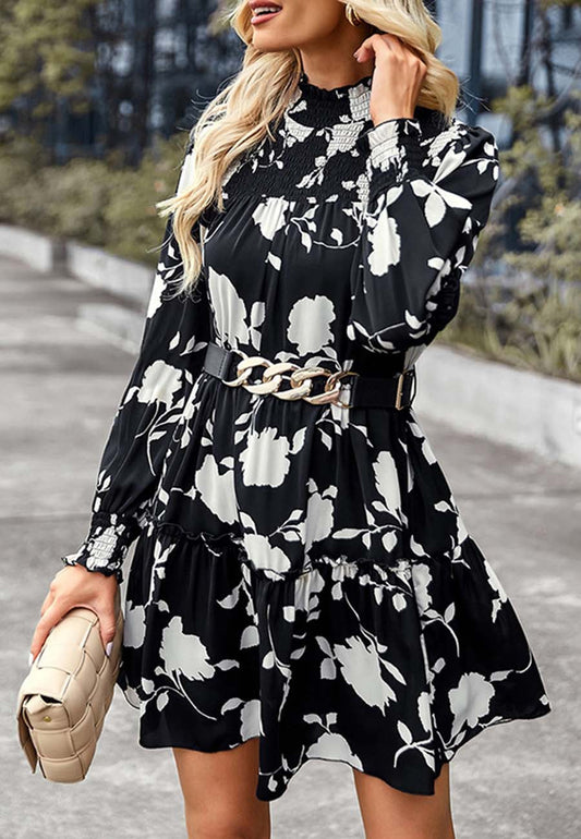 Shirred Neck Vintage Floral Dress