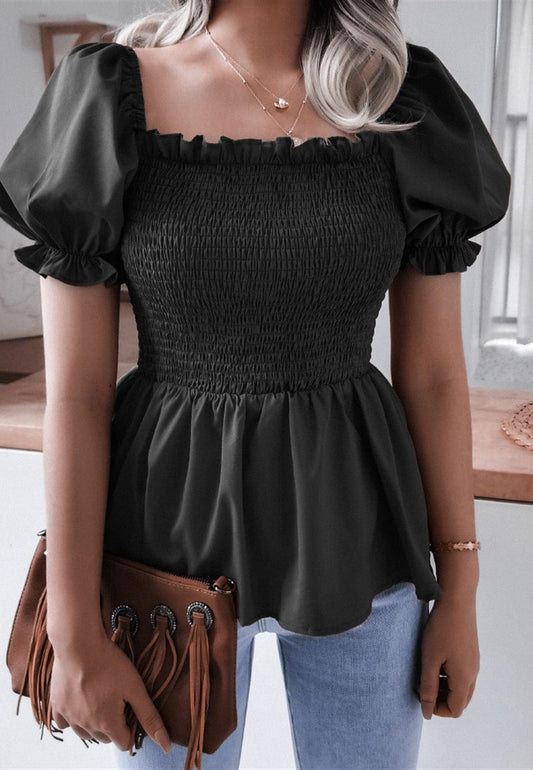 Shirred Puff Sleeve Peplum Blouse