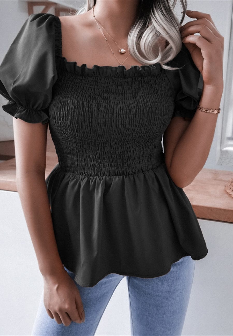 Shirred Puff Sleeve Peplum Blouse