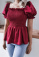 Shirred Puff Sleeve Peplum Blouse