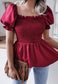 Shirred Puff Sleeve Peplum Blouse