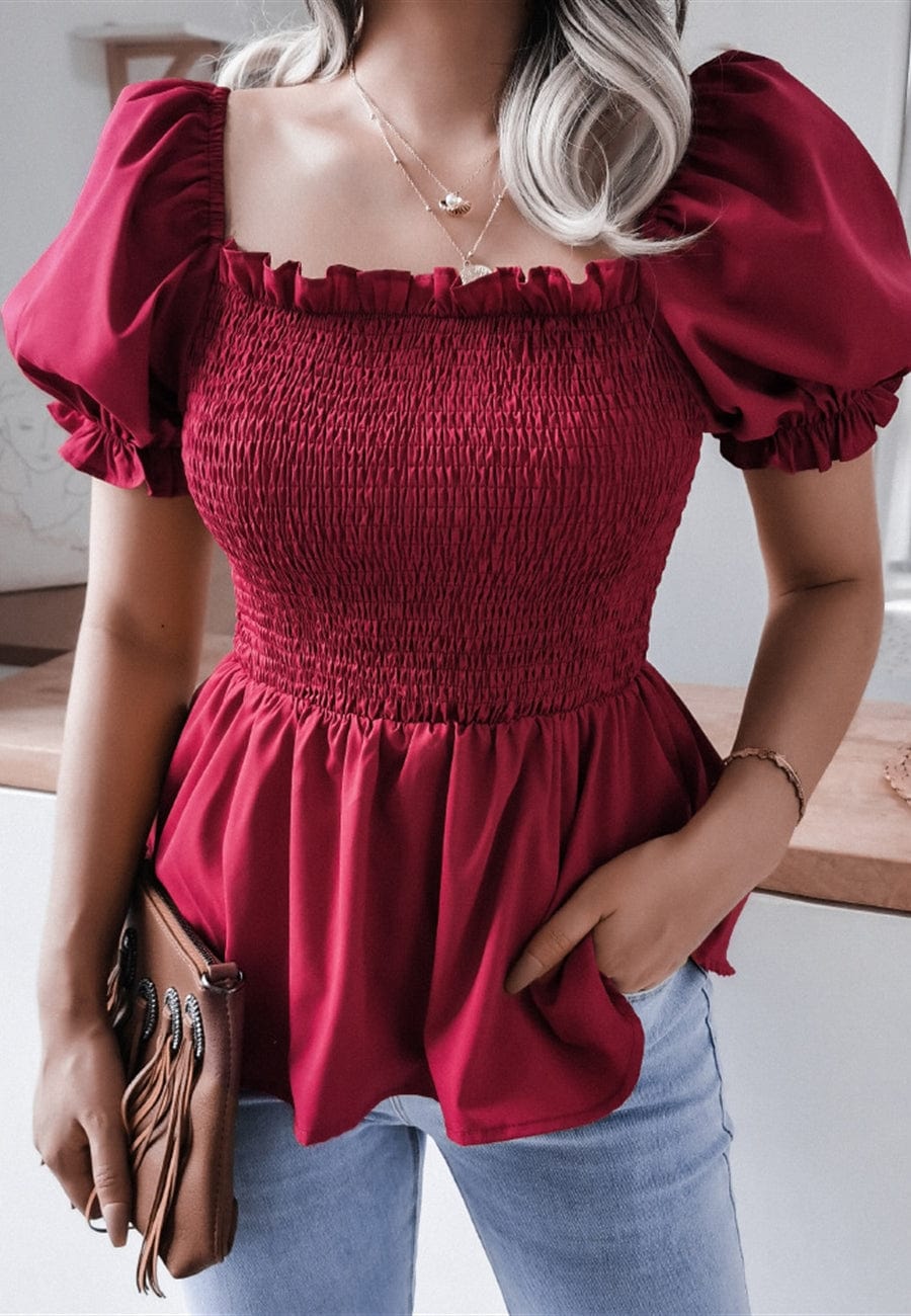 Shirred Puff Sleeve Peplum Blouse