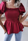 Shirred Puff Sleeve Peplum Blouse