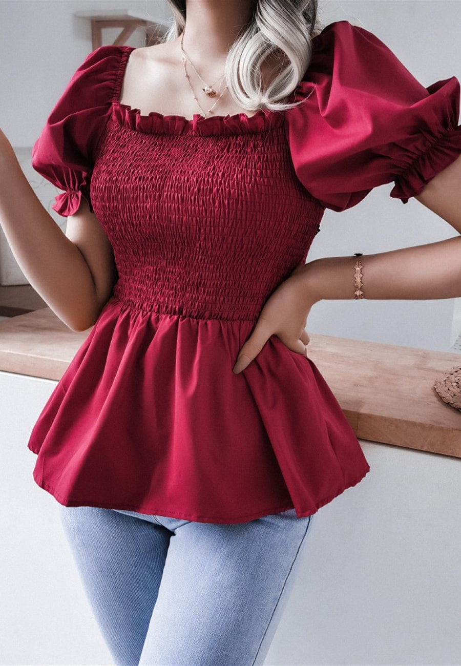 Shirred Puff Sleeve Peplum Blouse