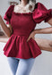 Shirred Puff Sleeve Peplum Blouse