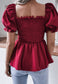 Shirred Puff Sleeve Peplum Blouse