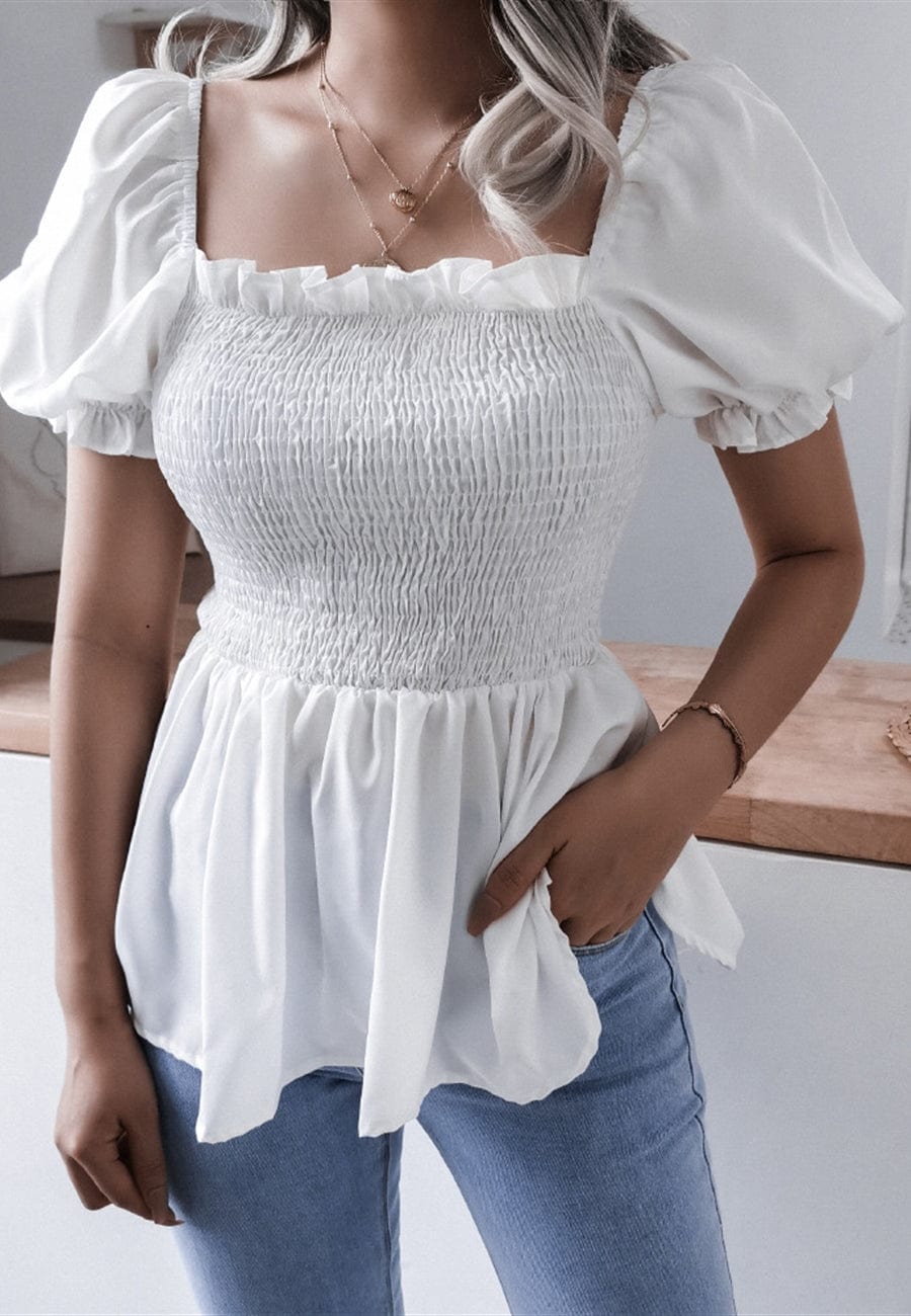 Shirred Puff Sleeve Peplum Blouse