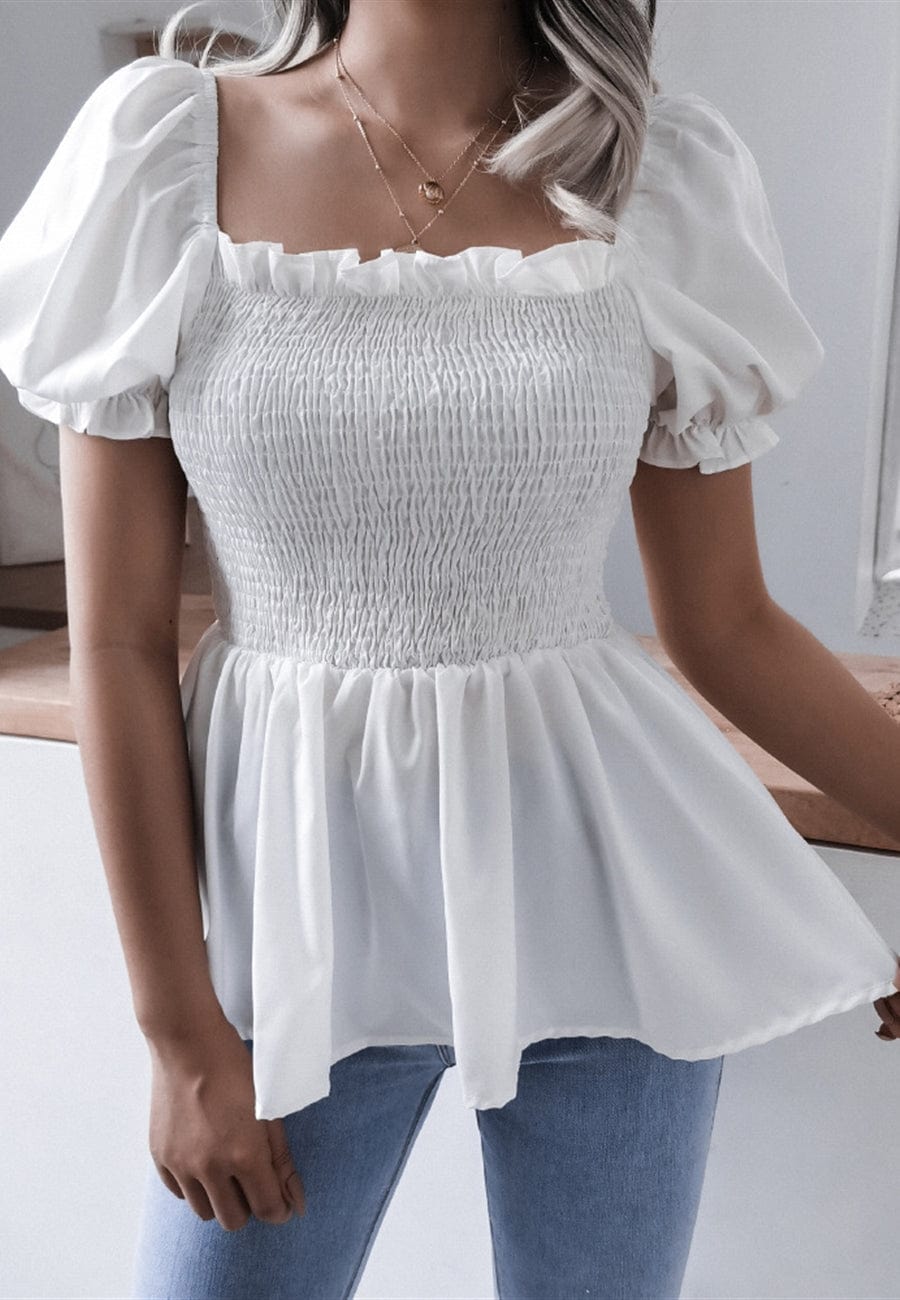 Shirred Puff Sleeve Peplum Blouse