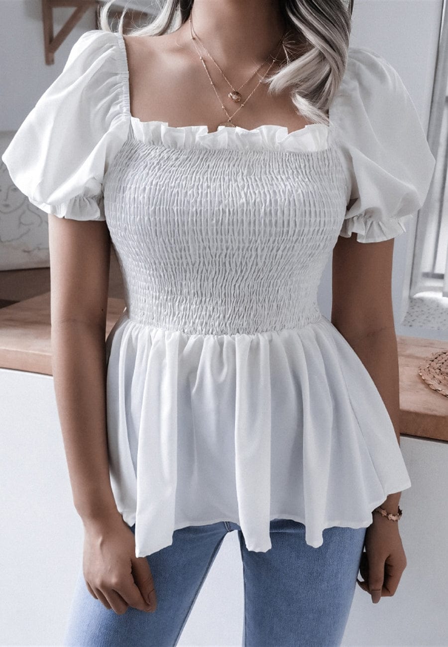 Shirred Puff Sleeve Peplum Blouse