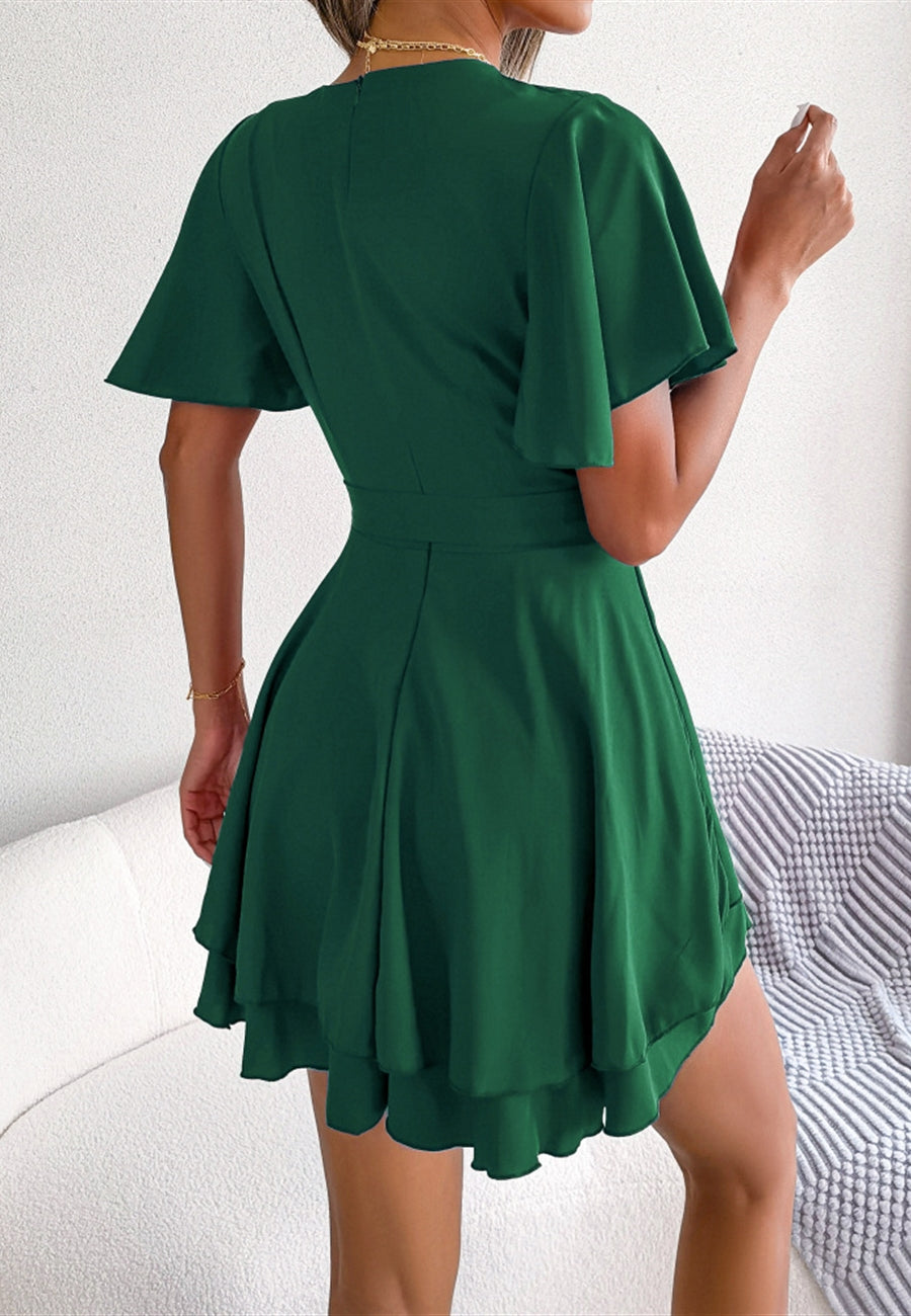 Asymmetrical Tiered Hem Wrap Dress