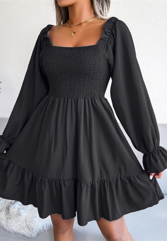 Solid Shirred Ruffle Hem Dress