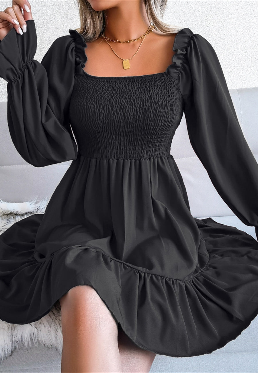 Solid Shirred Ruffle Hem Dress