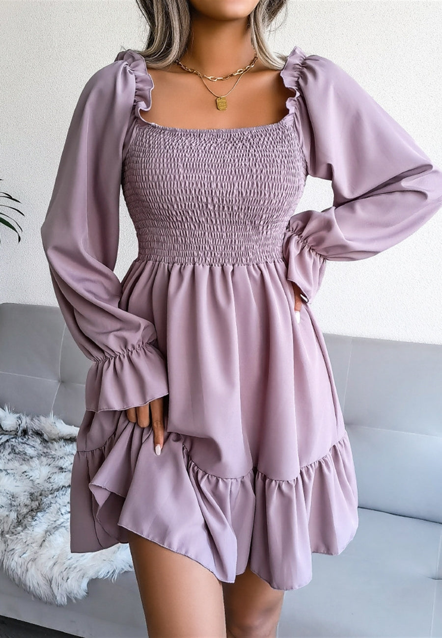 Solid Shirred Ruffle Hem Dress