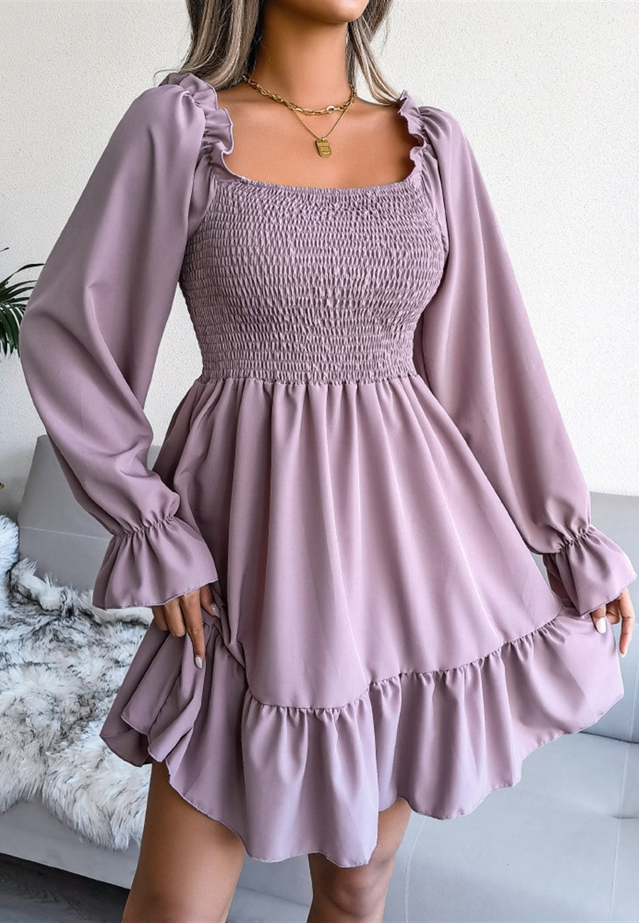 Solid Shirred Ruffle Hem Dress