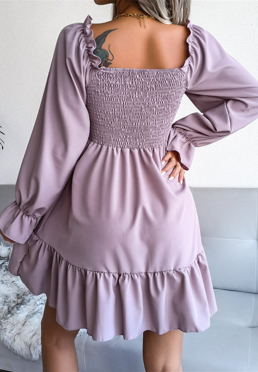 Solid Shirred Ruffle Hem Dress