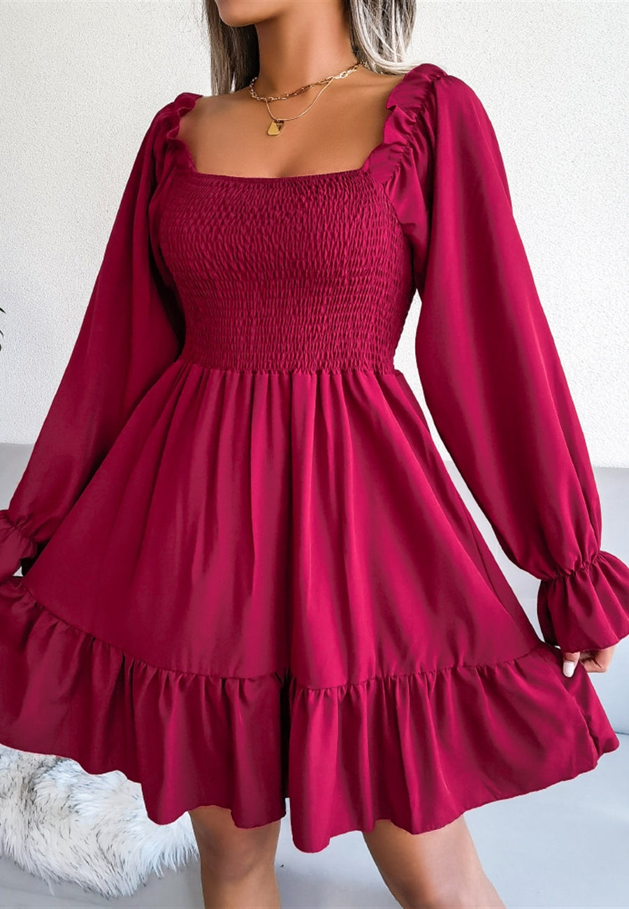 Solid Shirred Ruffle Hem Dress