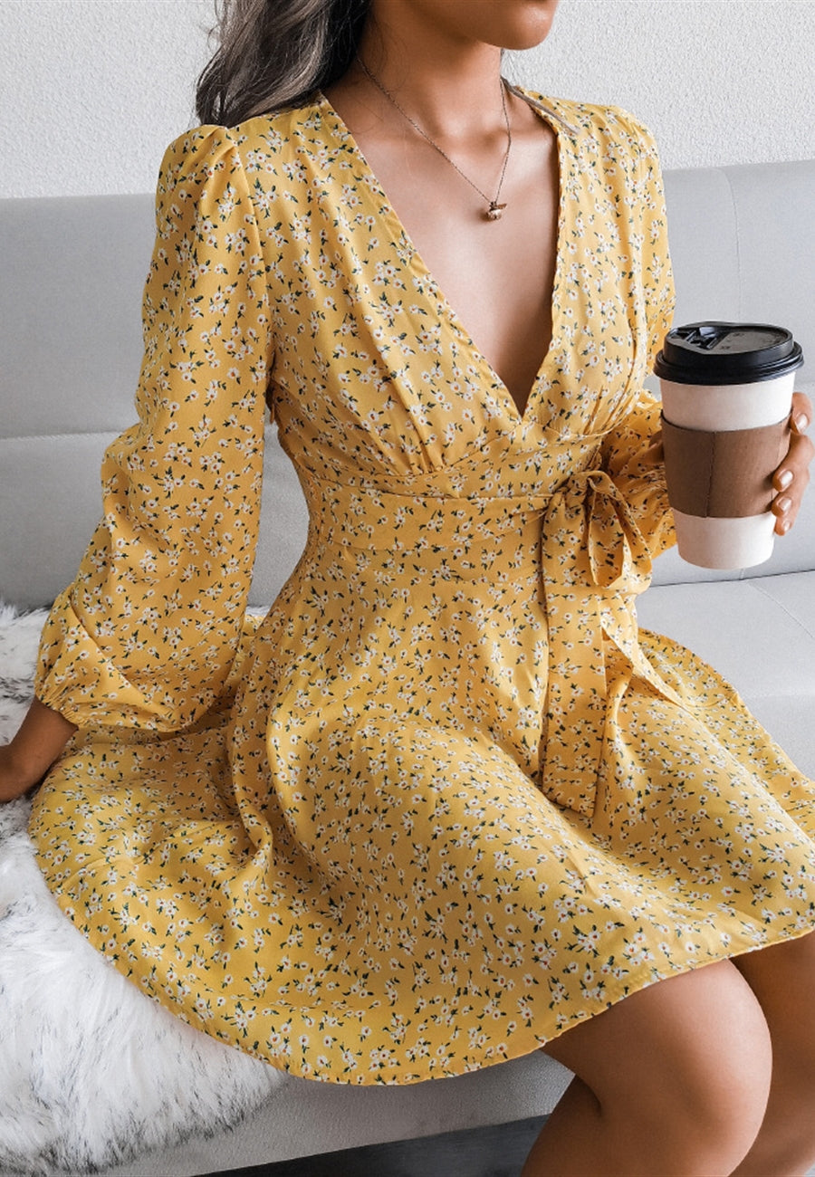 Plunge Floral Long Sleeve Dress