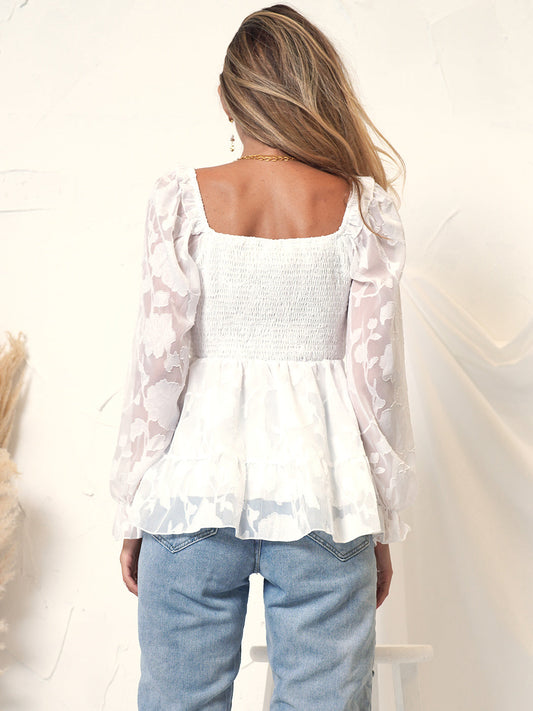 Shirred Floral Detail Peplum Blouse