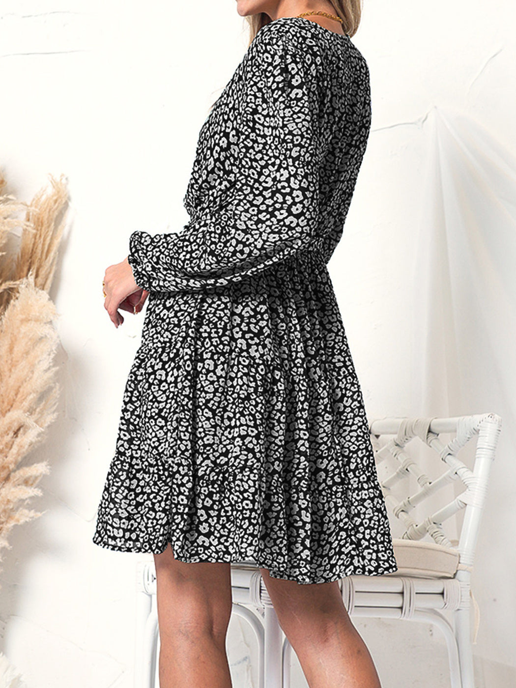 Animal Print Long Sleeve Wrap Dress