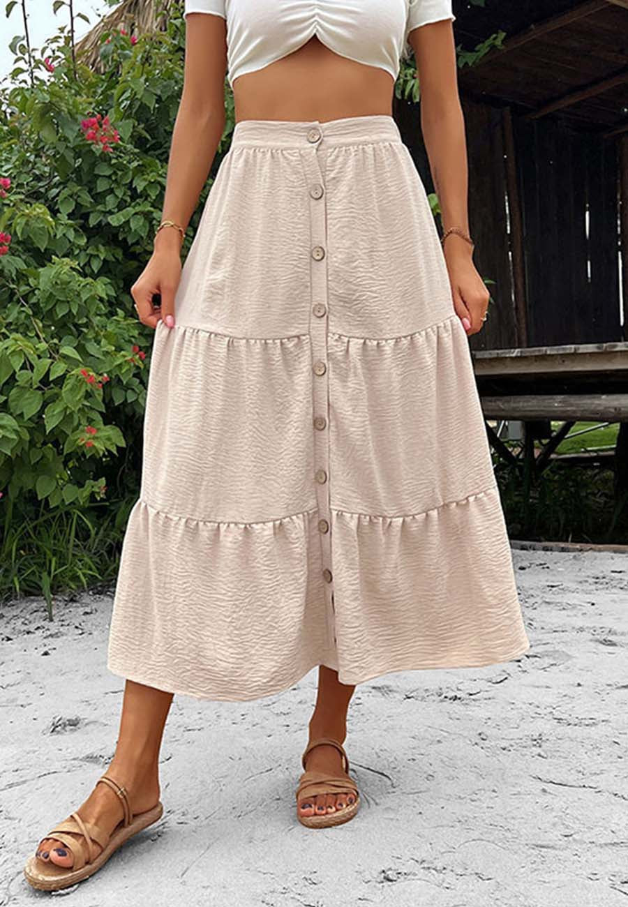 Button Down Tiered Midi Skirt