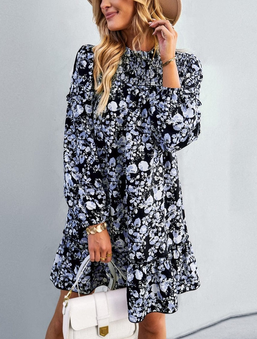 Ruffle Shirred Neck Floral Dress